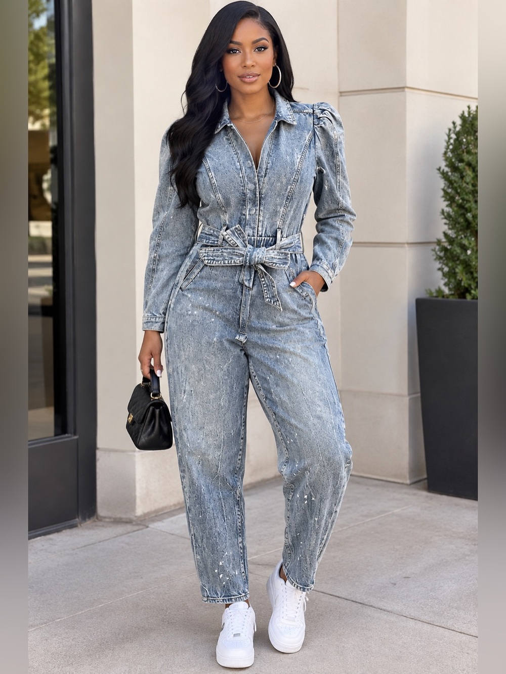 Express Light Blue Denim Women's Jumpsuit with Tie Waist